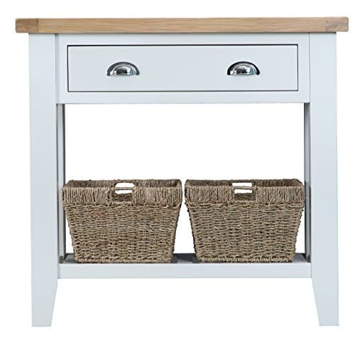 Stratford White Painted Console Table / Contemporary Hallway Table with Chunky Oak Top / With Wicker Basket Drawers