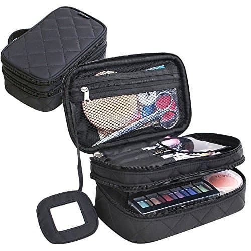 Meeya Multifunctional 2 layer Make Up Bag Black Cosmetic Makeup Brush Organizer with Carry Handle for Travel & Home