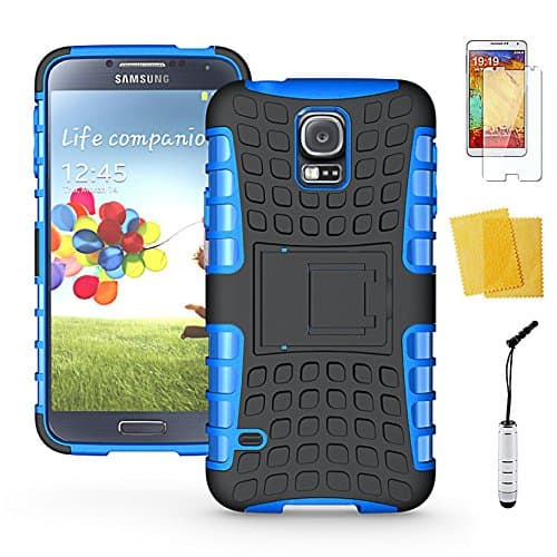 Galaxy S5 Case, Shock Proof Dual Layer Hybrid Defender Series Cover Case + Free Ultra Clear Screen Protector Film + Touch Stylus Pen + Microfiber Cleaning Cloth for Samsung Galaxy S5 V i9600 - Blue