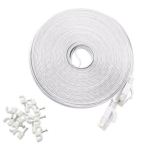 HanYun Ethernet Cable Cat6 50M Flat with Cable Clips, cat 6 Ethernet Rj45 Patch Cable, Slim Network Cable, Thin Internet Computer Cable - 50 Meters / 164 Ft White
