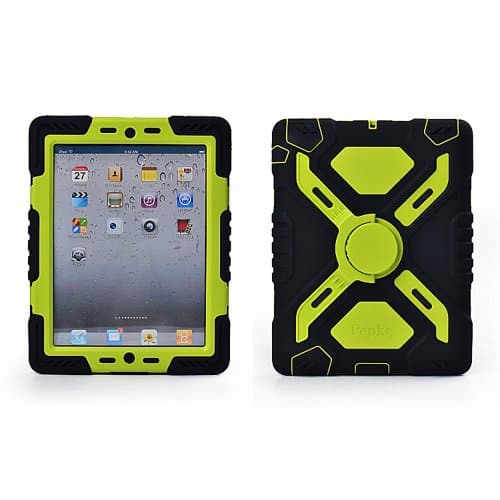Hot Newest Ipad 2/3/4 Case Silicone Plastic Kid Proof Extreme Duty Dual Protective Back Cover with Kickstand and Sticker for Ipad 4/3/2 - Rainproof Sandproof Dust-proof Shockproof (Black/Green)