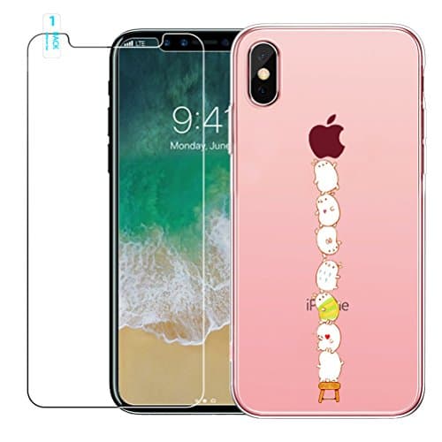 iPhone 10 Case, iPhone X Case with Tempered Glass Screen Protector, Crystal Clear Soft Silicone Gel TPU Case Cute Cartoon Scratch Resistant Protective Cover for iPhone 10 / iPhone X - Cat