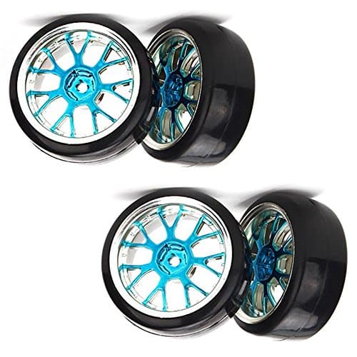 Yiguo Blue Plating Plastic Y Shape Wheel Rim with Smooth Tires for RC 1:10 Racing Car & Drift Car Set Of 4