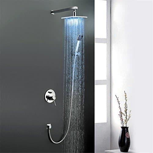 LED Copper Bathroom Shower Set Wall-in Mounted Mixer Rainfall Shower Head System with Handheld and Tap Faucet, Chromed