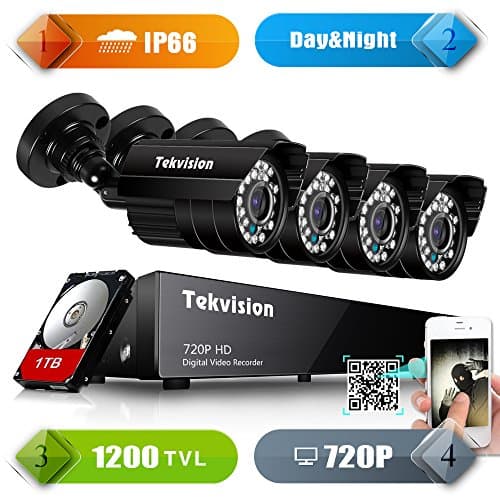 Tekvision® Outdoor waterproof 8CH HD 720P CCTV DVR Security System +4 Day/Night Bullet Cameras Hi-resolution + 1TB Pre-installed HDD Home/Office CCTV System