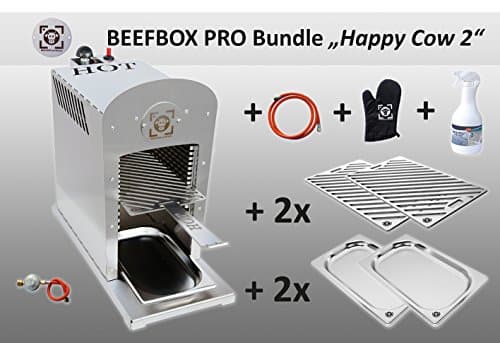 PRO HAPPY COW BEEF Box 2, Piezo Ignition, TÜV Certified – 800 Degree Upper Grill | Stainless Steel | Base/Grill Rack Rail Removable