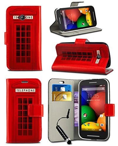 KACE Case for Alcatel One Touch Pixi 4 (4.0 inch) 4034 - Fun Colourful Printed Wallet Case Cover Creative Fresh Pattern Design with Integrated Stand & MINI Stylus Pen - Red Telephone Booth Box