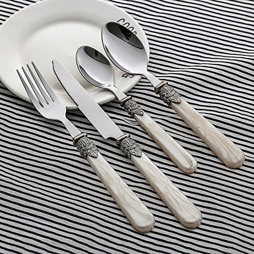 White Dinnerware Sets Cutlery Flatware - LANPA LPCJ002-6 (2018 New Design) 18/10 Stainless Steel Royal Pearl Handle Flatware Set For 24 Pieces, 6*Knives, 6*Forks, 6*Tablespoons, 6*Teaspoons,Set For 6