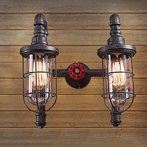 NIUYAO Wall Light 14 Inches Mottled Rust Iron 2 Light Cage with Glass Pipe Wall Sconce Classic Retro Vintage Industrial Decorative Lights