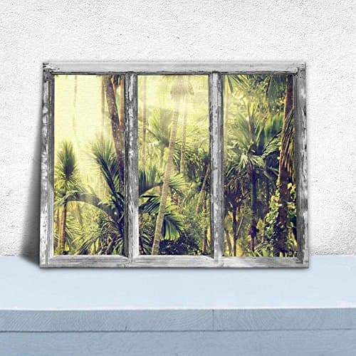 YYH Modern Theme Restaurant Backdrop wall Decor Canvas Painting Window Scenery Tropical Forest Picture Inkjet Oil Painting Sofa Bedside Artwork Murals