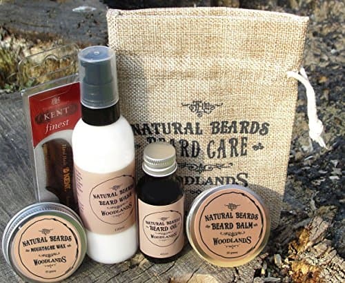 Beard Grooming Kit - Natural Beards Complete Beard products for men with a Kent Hand Made Moustache Comb (6 Products) Woodlands Range- Includes: Beard Wash, Beard Balm, Beard Oil and Moustache Wax- Made from 100% UK Sourced Ingredients- The Perfect Beards Products Gift Set for the Urban Beardsman.SPECIAL OFFER ALL KITS NOW COME WITH FREE BOAR HAIR BEARD BRUSH.