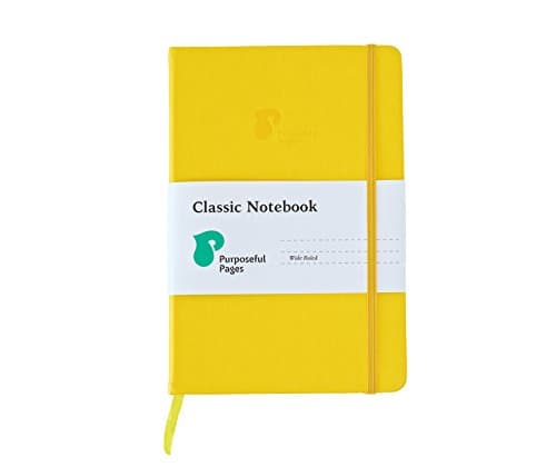 Classic Leather Hardcover Writing Notebook: A5 Notebooks with Bookmark, Elastic Band & Pocket for School, Business or Travel - 192 Pages - Wide Ruled Ivory Lined Paper - Yellow - 5.8 x 8.3 Inches