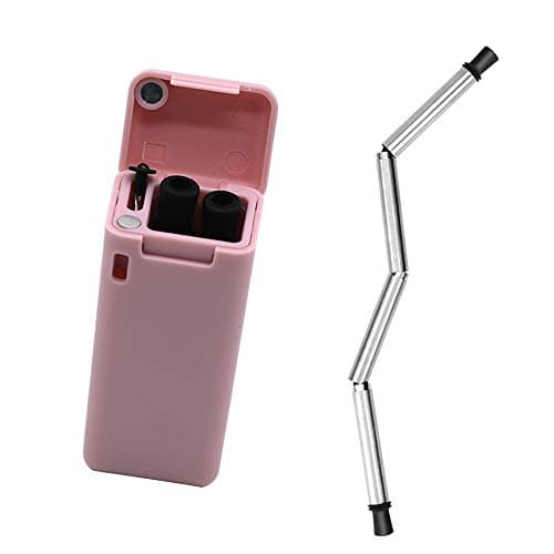 Collapsible Straw Reusable Stainless Steel,Folding Drinking Straws Foldable Final Premium Food-Grade Portable Set with Cleaning Brush Keychain Hole, for Household,Outdoor (pink)