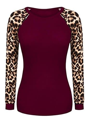Spring Lined Tshirt with Leopard Sleeve for Women (US S, Wine)