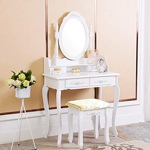 Volitation White Dressing Table with Drawers Mirror and Stool, 4 Drawer Bedroom Dresser Makeup Desk Vanity Table, White