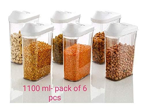 Shri Ganesh Easy Flow Plastic Kitchen Containers Storage Jars for Cereals, Rice, Pulse Dispenser Set (1100) ml Pack of 6 pcs