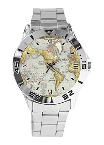 World Map Design Analog Wrist Watch Quartz Silver Dial Classic Stainless Steel Band Women's Men's Watch