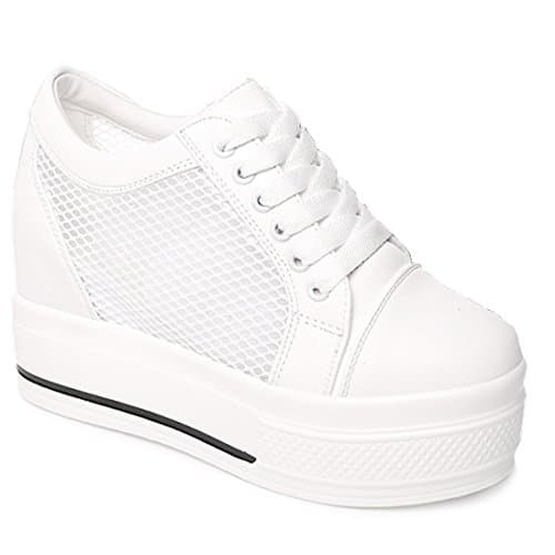 VECJUNIA Ladies Comfortable Low-Top Platform Hidden Wedge High heel Lace Up Sneakers Casual Trainers Fitness Shoes