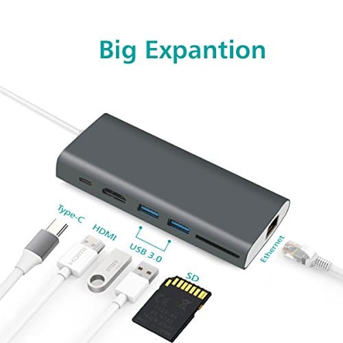 USB C Hub, TOOPONE 6-in-1 Type C Hub with 4K HDMI Port, RJ45 Gigabit Ethernet Pot, USB C Charging Port, 2 USB 3.0 Ports and SD Card Reader for Mac Book Pro and More Type C Devices (Gray)
