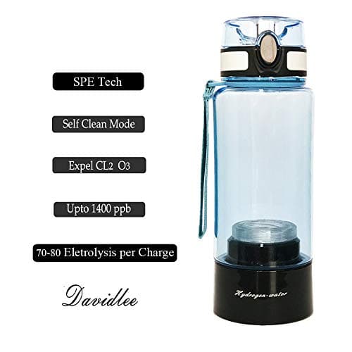 Davidlee Portable Hydrogen-Rich Generator Water Bottle SPE Technology Ionizer Mode 3 mins Self- cleaning Function High Concentration Discharge Ozone and Chlorine - 380ml F6