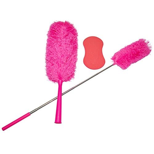 Large Fluffy Microfiber Dusters - With Retractable Long-Reach Washable Dusting Brush, Expanding Sponge(Pack of 3) (Redpink)
