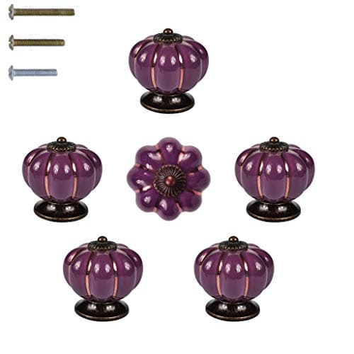 RiLiKar Vintage Pumpkin Cabinet Knobs 6 Pack Ceramic Drawer Dresser Home Kitchen Cupboard Door Knobs Pulls and Handles with 3 Kinds of Screws (Violet)