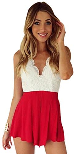 Yipost Women's Backless Lace Splicing Deep V Neck Romper Jumpsuit Shorts
