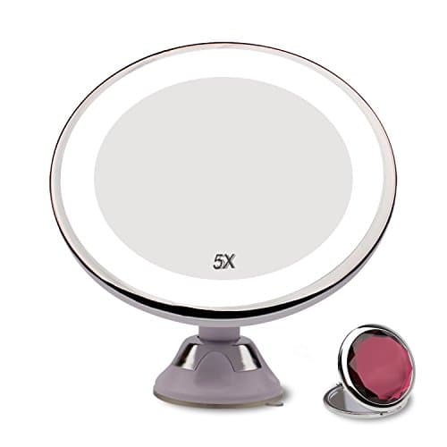 Cozytek 5X Magnifying Lighted Makeup Mirror,Bathroom Vanity Mirror with Warm LED Light,360 Degree Rotation Battered Operated Makeup Mirror with Power Locking Suction Cup and Base(White)