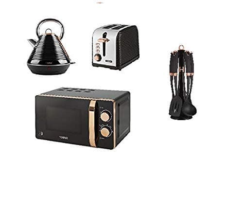 Tower 8 piece LINEAR ROSE GOLD BLACK Kitchen Electrical Appliance Set - T24020 Rose Gold Black MANUAL Solo Microwave, a 1.8L S/S Pyramid Kettle a 2 Slice Toaster and 5 Rose Gold black Nylon Utensil Set,