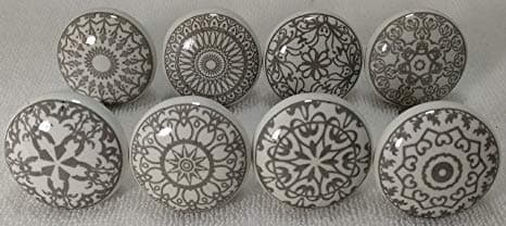 10 Grey & White Flat Hand Painted Ceramic Knob Cabinet Knobs Drawer Pulls Ceramic Door Knobs