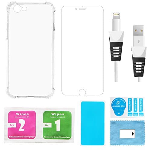 iPhone 7 Case,HEPI TPU Anti-shock Clear Case Cover with Tempered glass Screen Protector(4.7 inch) and Charging Cable Saver Protector
