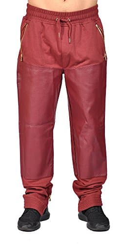 Half PU Leather Buttom Jogger 3 Zipper Pocket with Drawstring and Cuff Zipper Buttom (3X, Burgundy)