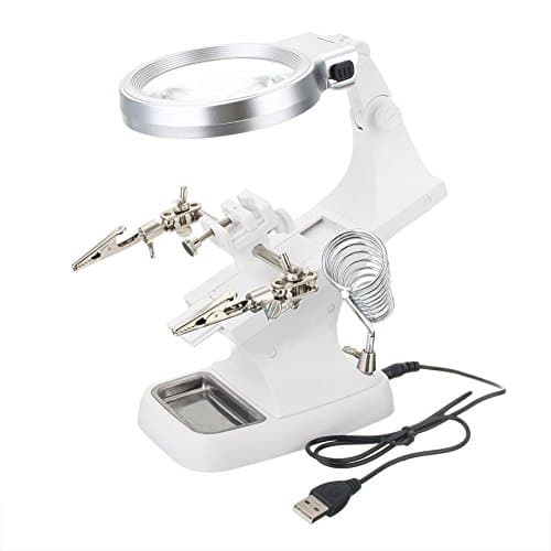 Welding Magnifier LED Light Helping Third Hand Magnifier Station,Multifunctional Welding Led Magnifier Soldering Iron Stand, 3X Main Lens 4.5X Accessorial Lens(White)(White)