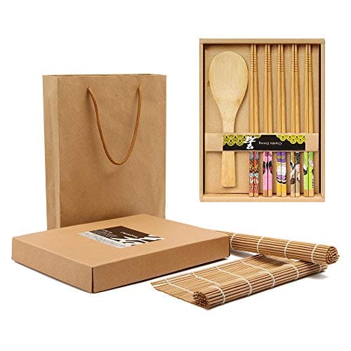 Bamboo Sushi Making Kit-2 Carbonized Bamboo sushi Rolling Mats,5 Pairs Chopsticks,1 Rice Paddle,1 Rice Spreader,1 Storage Bag-Complete Sushi Maker for Beginner-Beginner Guide PDF Included (Gift box-A)