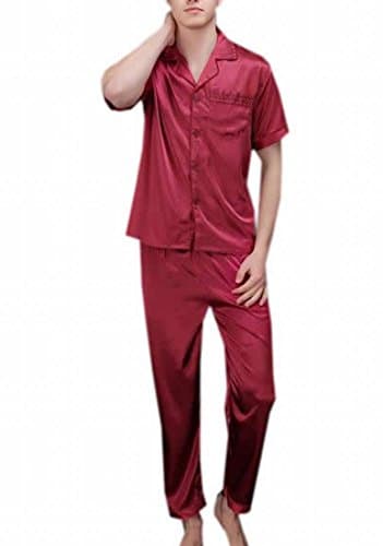 Fulok Mens Relaxed Solid Ice Short Sleeve Pajama Set amaranth M