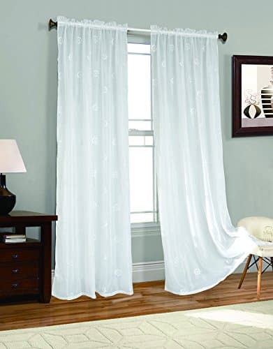 2 Piece Helm Embroider Sheer Voile Window Curtain Panel Drapes White Color Large Size 54" W x 95" L