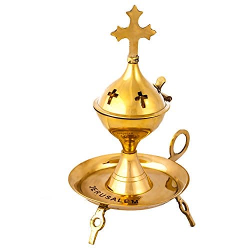 Authentic brass copper Jerusalem 7.5 inch holy sepulchre blessed table incense burner and plate, made in Jerusalem