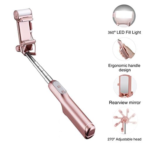 Wisdorigin Selfie Stick Bluetooth, with 360 Degree LED Fill Light and Rear Mirror Adjustable Head & Carrying Bag for iPhone X/8/8P/7/7P Samsung Galaxy s7 Edge/s4 Android System Phones(Rose Gold)