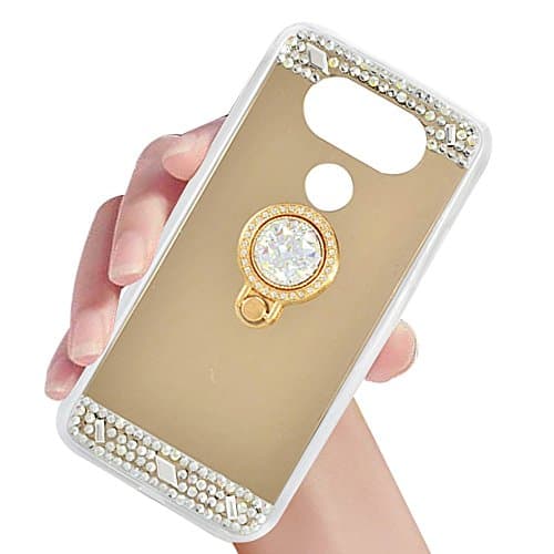 LG V30 Case,LG V30S Case,LG V30 Plus Case,XIHUA Luxury Crystal Rhinestone Soft Rubber Bumper Bling Diamond Glitter Mirror Makeup Case with Ring Stand Holder for LG V30/V30 Plus/V30S (2017)-Gold