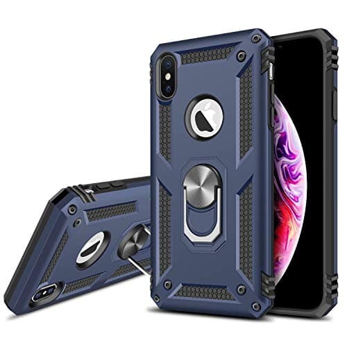 A rtistque Luxury Dual Layer Hybrid Shockproof Armor Defender Case with 360 Degree Metal Rotating Finger Ring Holder Kickstand for Apple iPhone Xs Max - Blue