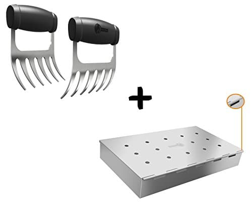 Meat Claws - STAINLESS STEEL PULLED PORK SHREDDERS + Smoker Box Maximum Wood Chip Capacity - Charcoal & Gas Grill BBQ Smoking Hinged Lid - Best Grilling Accessories & Barbecue Utensils