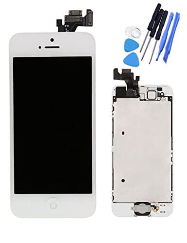 Huashe LCD Touch Screen Replacement for iPhone 5 Full Set Digitizer with Home Button,Bracket,Flex,Sensor,Front Camera,Frame Housing Assembly Display (White)