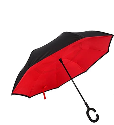 Premium Double Layer Windproof, UV Protection, Auto Click Open, Inverted Reverse Folding, Larger C-Shaped Handle Umbrella for Women and Men by LuMi Ma Products, with Carry Bag (Red)