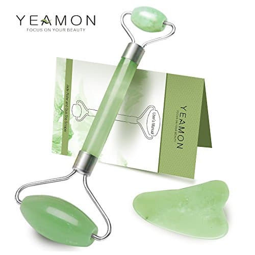 Anti Aging Jade Roller for face and Gua Sha Scraping Massage Tool Set Therapy, 100% Natural Jade Facial Roller with Double Neck Slimming Massager, Gift Boxed Included by Yeamon