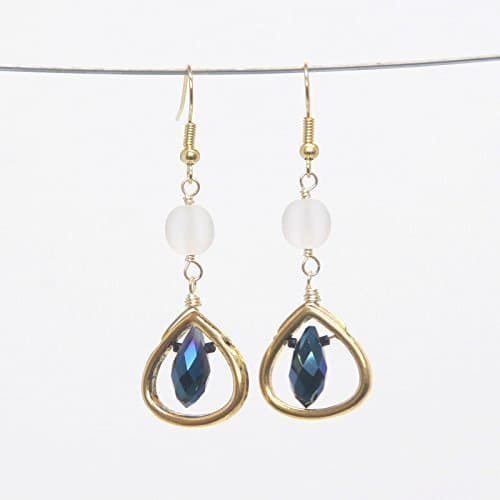 Rain Drop Earring - Matte White Crystal, Blue-Gray 2 Tone Tear Drop Beads, 1.75-in