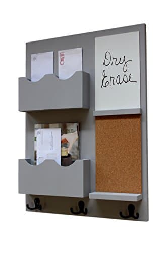 Legacy Studio Decor Mail Organizer Cork Board White Board Coat Hooks Key Hooks Double Mail Slots (Smooth, Gray)