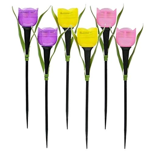 Six Plastic Solar-Powered Tulip-Shaped Stake Lights, 2 Pink 2 Purple 2 Yellow (6, Multi)