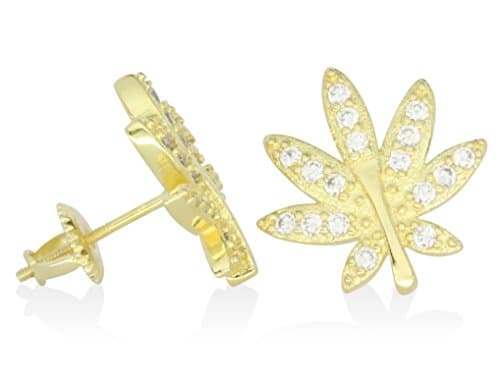 Icy 15mm Weed Leaf Studs 14k or Silver Tone Cz Bling Screw Back Hip Hop Earrings (Gold)