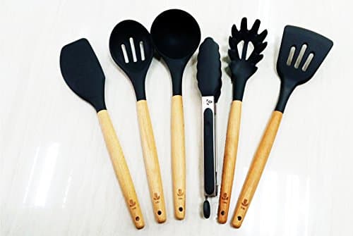DEME 7 Pc Black Silicone Kitchen Utensil Set with stainless bottom removeable holder, Wooden Handle - Spoonula, Slotted Spoon, Soup Ladle, Tong, Spaghetti /Pasta Server, Slotted Turner