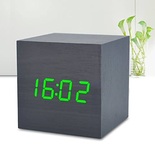 Wooden Alarm Clock LED with Sound Control Function Digital Time Date Temperature Display Electronic Cube Desktop Home Travel Bedroom Clocks for kids (Black Wood Green Light)